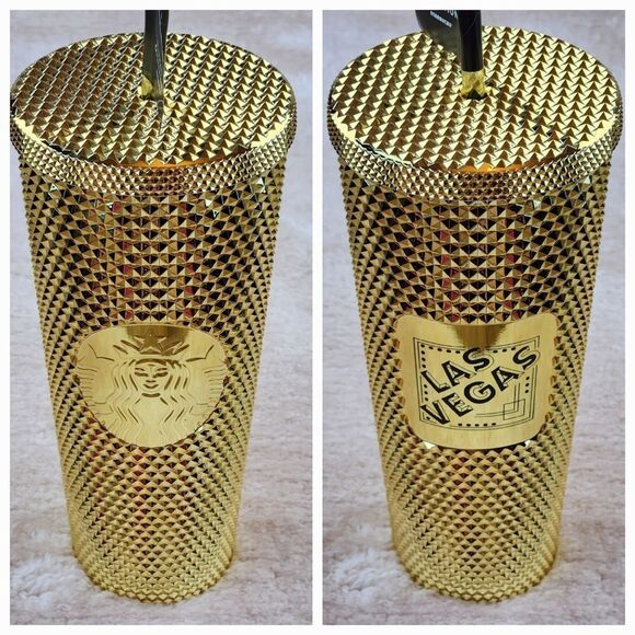 🩵RARE!!! NWT Starbucks 2021 Gold Studded Cold Drink 24 FL Oz Tumbler w/Straw
